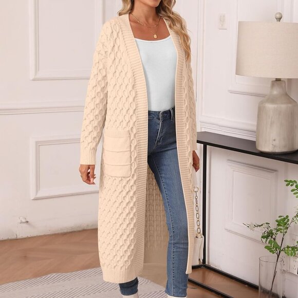Womens Long Cardigan Sweaters Fall Open Front Coat Long Sleeve Cable Knit Maxi O - Picture 6 of 7